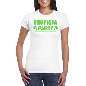 Bellatio Decorations Tropical party T-shirt dames - met glitters - wit groen - carnaval themafeest