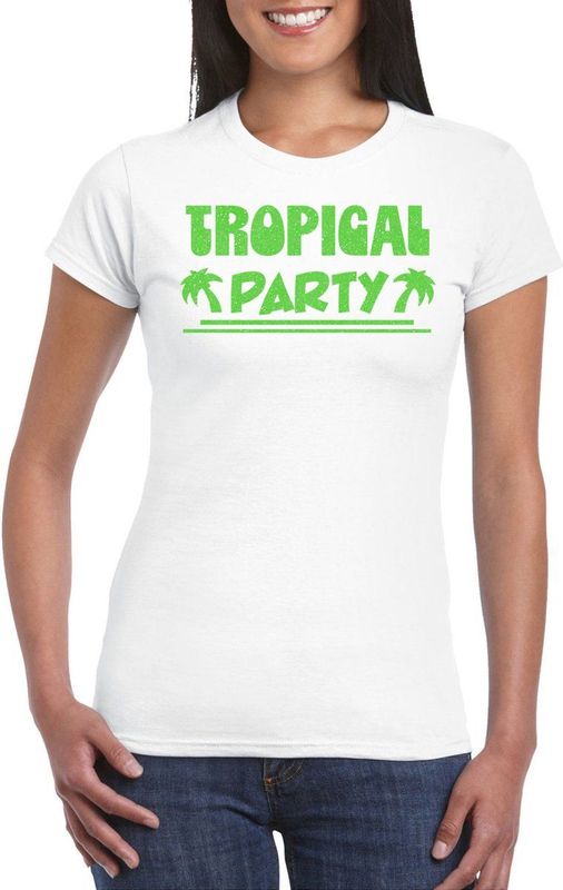 Bellatio Decorations Tropical party T-shirt dames - met glitters - wit groen - carnaval themafeest