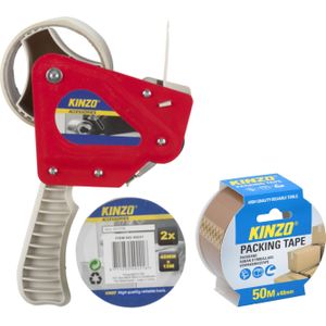 Tape/plakband houder - inclusief 3x rollen verpakking plakband van 15 meter - breedte 5 cm