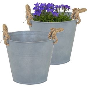 Mega Collections Emmer/plantenpot/bloempot Old Rope - 2x - zink - zilver - D25 X H22 cm