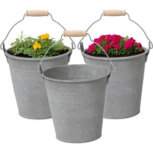 Plantenpot/bloempot emmer Eddy - 3x - zink - zilver - D18 X H18 cm - IJzeren emmer / teil