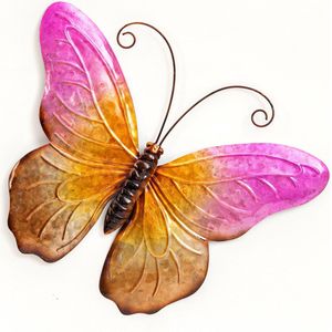 Anna's Collection Wand decoratie vlinder - roze - 44 x 32 cm - metaal - muurdecoratie/schutting - buiten - tuinbeelden van dieren