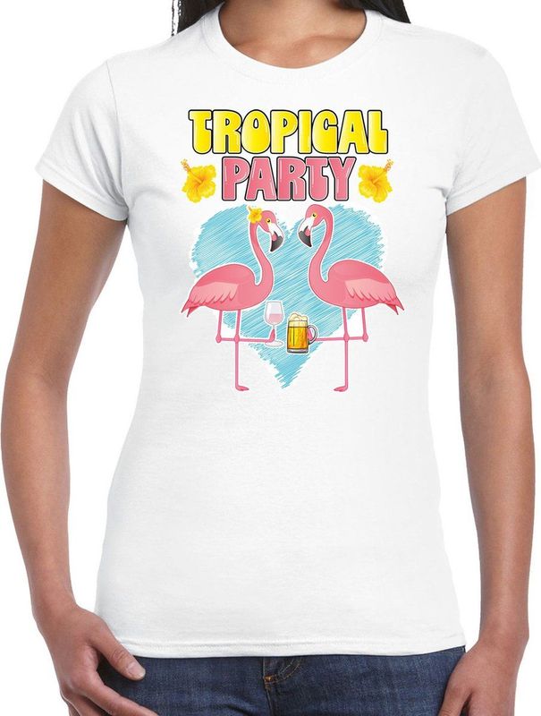 Bellatio Decorations Tropical party T-shirt voor dames - tropisch feest - wit - carnaval themafeest