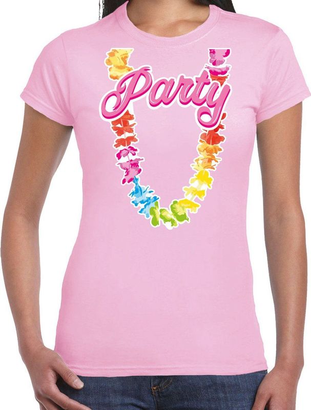 Bellatio Decorations Tropical party T-shirt dames - bloemenkrans - licht roze - carnaval themafeest