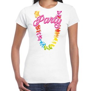 Bellatio Decorations Tropical party T-shirt voor dames - bloemenkrans - wit - carnaval themafeest