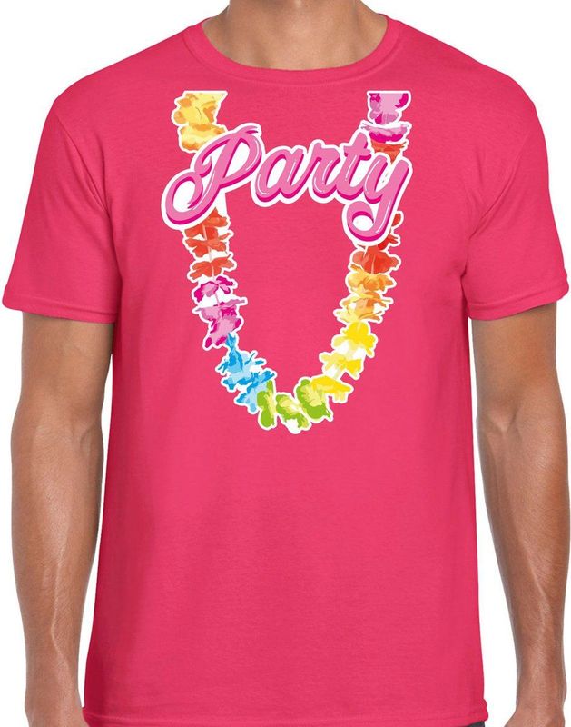 Bellatio Decorations Tropical party T-shirt voor heren - bloemenkrans - roze - carnaval themafeest