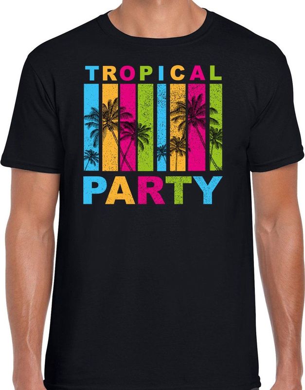 Bellatio Decorations Tropical party T-shirt voor heren - palmbomen - zwart - carnaval themafeest