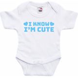 Bellatio Decorations - Baby Rompertje - Blauw - I Know I'm Cute - Glitter - Kraam Cadeau