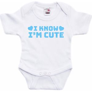 Bellatio Decorations - Baby Rompertje - Blauw - I Know I'm Cute - Glitter - Kraam Cadeau