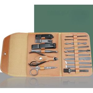Manicureset 16 Delige - Pedicure Set - Nagelverzorging kit - Nagelvijl - Nagelknipper - Opbergetui - Reisset - Nageltang - Voetverzorging - Bruin - Ixen