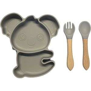 Koala Siliconen babyservies set met zuignap - Grijs - Kinderservies set - Babybordje - Kinderbordje - Baby servies - Babybestek - Kinderbestek – Babybestek - Oven, vriezer en vaatwasserbestendig - BPA en PVC vrij bord