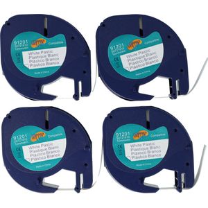 Dappaz - 4 stuks Dymo Compatible Label tape 91201 Zwart op Wit - 12 mm x 4 m - Geschikt voor Dymo LetraTag Labelprinter - S0721610