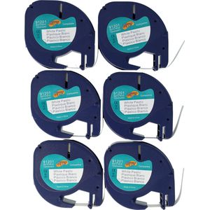 Dappaz - 6 stuks Dymo Compatible Label tape 91201 Zwart op Wit - 12 mm x 4 m - Geschikt voor Dymo LetraTag Labelprinter - S0721610