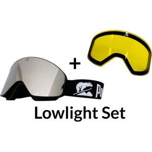 Luxe Magnetische Snowboardbril / Skibril SET - Zilvere / Spiegel Lens & Lowlight Lens (Slecht weer-lens) Zwart Frame + Beschermcase & Microfiber hoes - PolarShred - Anti fog - Cat.3 - 100% UV Bescherming - VLT 16%