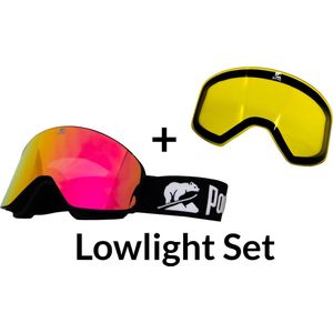 Luxe Magnetische Snowboardbril / Skibril SET - Roze Lens & Lowlight Lens (Slecht weer-lens) Zwart Frame + Beschermcase & Microfiber hoes - PolarShred - Anti fog - Cat.3 - 100% UV Bescherming - VLT 16%