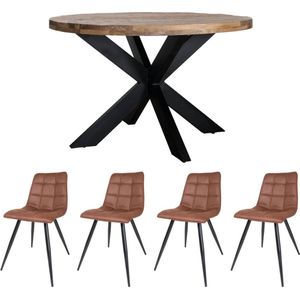 Home67 Home67 Set - Eettafel Bob ø130 cm + 4 x Eetkamerstoel Galgary - Cognac