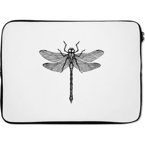 Laptophoes 14 inch - Libelle - Insecten - Retro - Zwart wit - Laptop sleeve - Binnenmaat 34x23,5 cm - Zwarte achterkant