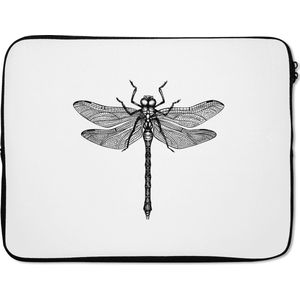 Laptophoes 15.6 inch - Libelle - Insecten - Retro - Zwart wit - Laptop sleeve - Binnenmaat 39,5x29,5 cm - Zwarte achterkant