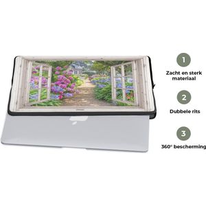 Laptophoes 14 inch - Hortensia - Doorkijk - Bloemen - Zomer - Paars - Pad - Laptop sleeve - Binnenmaat 34x23,5 cm - Zwarte achterkant
