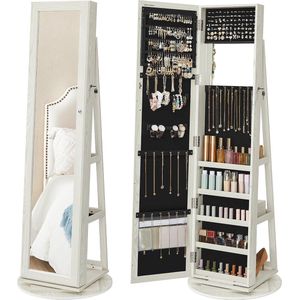 Staande Passpiegel, Sieradenkast Met Spiegel – 360° Draaibare Spiegelkast met Slot