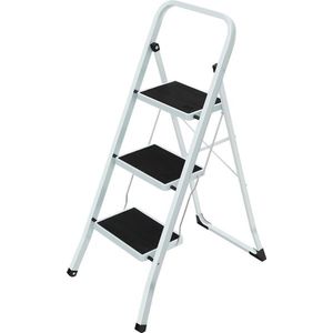 Klaptrede Met 3 Treden, Trapladder, Ladder, 20 Cm Brede Treden, Antislip Rubberen Matten, Met Leuning, Belastbaar Tot 150 Kg, Gemaakt Van Staal, Getest Door Sgs, Wit-Zwart