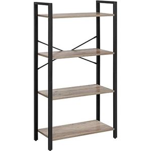 Boekenkast met 4 niveaus, opbergrek, stalen frame, hoogte 120 cm, voor woonkamer, kantoor, werkkamer en hal, industrieel design, Greige-zwart