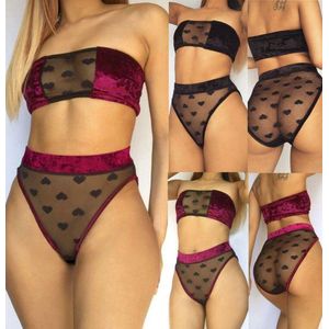 Finnacle - ""Verleidelijk zwart-bordeauxrood-wijnrood kanten lingerie setje met doorzichtige hartjes - Maat S