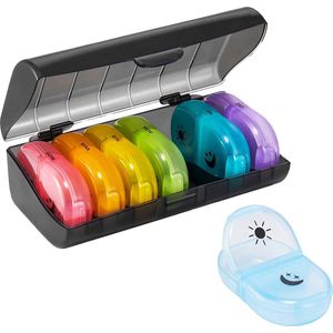 Finnacle - Ontdek de Handige Pillendoos - 7 Dagen - 2 Vakken - Sterke Sluiting - Nederlandstalig - Zwarte Opbergdoos - Zonbescherming - Kleurrijke Dagdoosjes