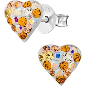 Oorbellen meisjes zilver | Zilveren oorstekers, hart met kristallen in bruintinten