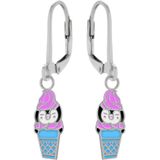 Oorbellen meisje | Zilveren kinderoorbellen | Zilveren oorhangers, roze pinguïnijsje in blauw bakje
