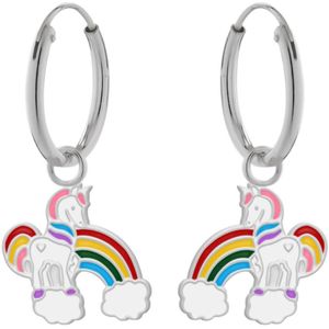 Oorbellen meisjes zilver | Eenhoorn oorbellen | Zilveren oorringen met hanger, regenboog met eenhoorn