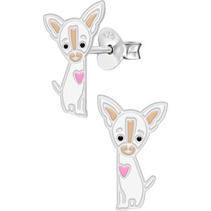 Oorbellen meisje | Zilveren kinderoorbellen | Zilveren oorstekers, witte chihuahua met hartje op de borst