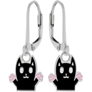 Oorbellen meisje | Zilveren kinder oorbellen | Zilveren oorhangers, vrolijke zwarte kat
