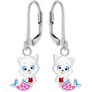 Oorbellen meisje | Zilveren kinder oorbellen | Zilveren oorhangers, witte zeemeerminkat