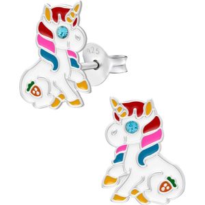 Oorbellen meisje zilver | Eenhoorn oorbellen | Zilveren oorstekers, eenhoorn met regenboog manen en ogen van kristal