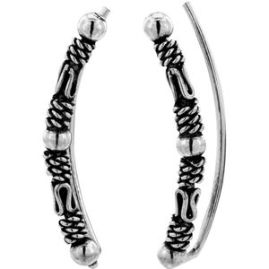 | Zilveren ear climber, Bali look met bolletjes en geoxideerde delen