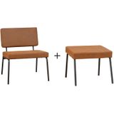 Bronx71® Industriële Fauteuil met Hocker Espen Cognac Eco-leer