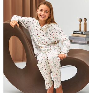 Little Label - Klassieke Meisjes Pyjama - Wit - Bio Katoen - Roze Bloemetjes-Print