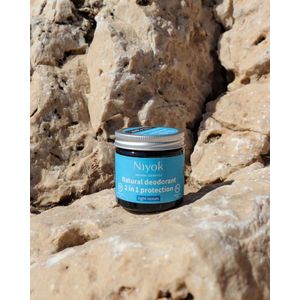 Set van Lichtblauwe Sereniteit: Niyok Natuurlijke Deodorant, Douchezeepstaaf, Gevoelige Moisturizer en Sisal Zak