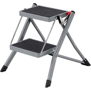 Hoppa! 2-treden ladder, vouwladder, sportbreedte 20 cm, antislip rubber, met handvat, draagvermogen 150 kg, staal, grijs en zwart
