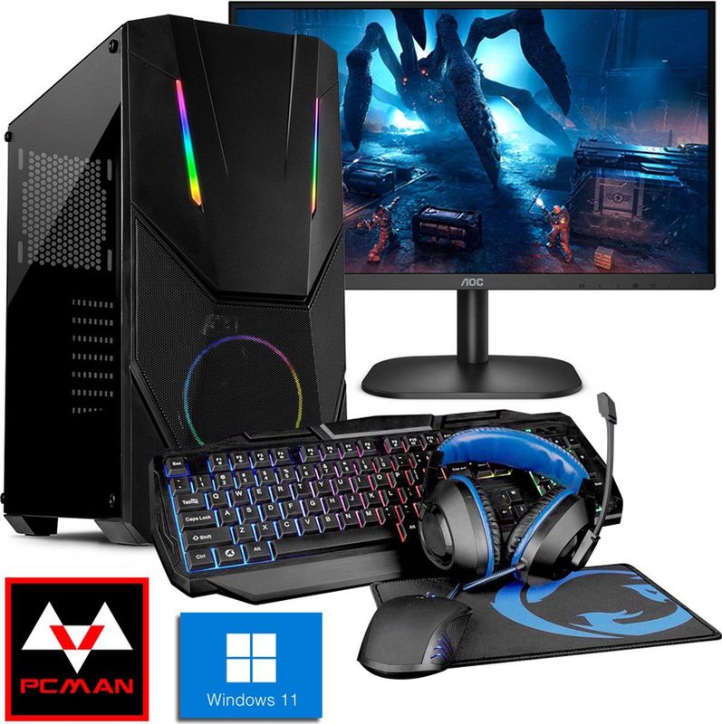 Pcman Game Pc Gravity - AMD Ryzen 5 4600G - 8 GB - 240 GB SSD + Monitor + Headset + Muis + Toetsenbord met Windows 11 Pro