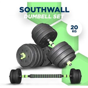 SOUTHWALL Dumbbells set Verstelbaar met Halterstang tot 20kg – Halterset – Fitness Stang – Fitness Gewichten Set – Professionele 2-in-1 Dumbbellset – Home Gym – Krachttraining – Gebruiksvriendelijk – Multifunctioneel – Dumbell set 20 kg