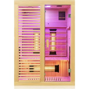 MARA Infraroodcabine - Infraroodsauna - 1/2 personen - Volspectrumstraler - LED-kleurlicht - Hemlock Dennenhout - Bruin - Praktisch - Bluetooth, FM, MP3, USB - ‎130 x 105 x 190 cm