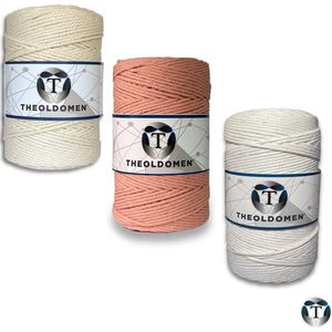Macramé Koord | Bundelkorting | 600 meter | Beige | Wit | Zalmroze | 100% Katoen | Macramé | Macramé Touw | 3mm | Triple Twist | Plantenhanger | Dromenvanger | Wandkleed | Weven | Knopen | Breien | Haken | DIY | TheOldOmen |