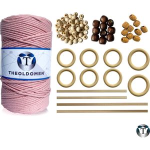 Macramé Pakket | 200 METER | Incl. Handleiding | Roze | Starter Set | Ringen | Kralen | Stokken | Macramé Touw | 3mm | 100% Katoen | Macramé | Decoratie | DIY | Doe Het Zelf | Wandkleed | Dromenvanger | Plantenhanger | Tassen | TheOldOmen |