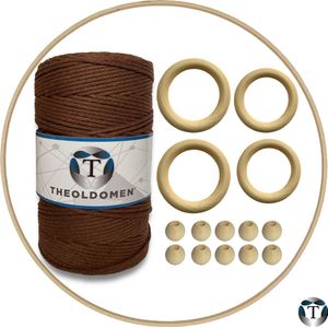 Macramé Pakket | 200 METER | Bruin | Starter Set | Ringen | Kralen | Hout | Macramé Touw | 3mm | 100% Katoen | Macramé | Decoratie | DIY | Doe Het Zelf | Wandkleed | Dromenvanger | Plantenhanger | Tassen | TheOldOmen |
