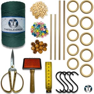 Deluxe Macramé Pakket | Donkergroen | 200 METER | Triple Twist | 3mm | Starter Set | Schaar | S-haken | Kam | Meetlint | Ringen | Kralen | Stokken | Macramé Touw | 100% Katoen | DIY | Macramé | Wandkleed | Plantenhanger | TheOldOmen