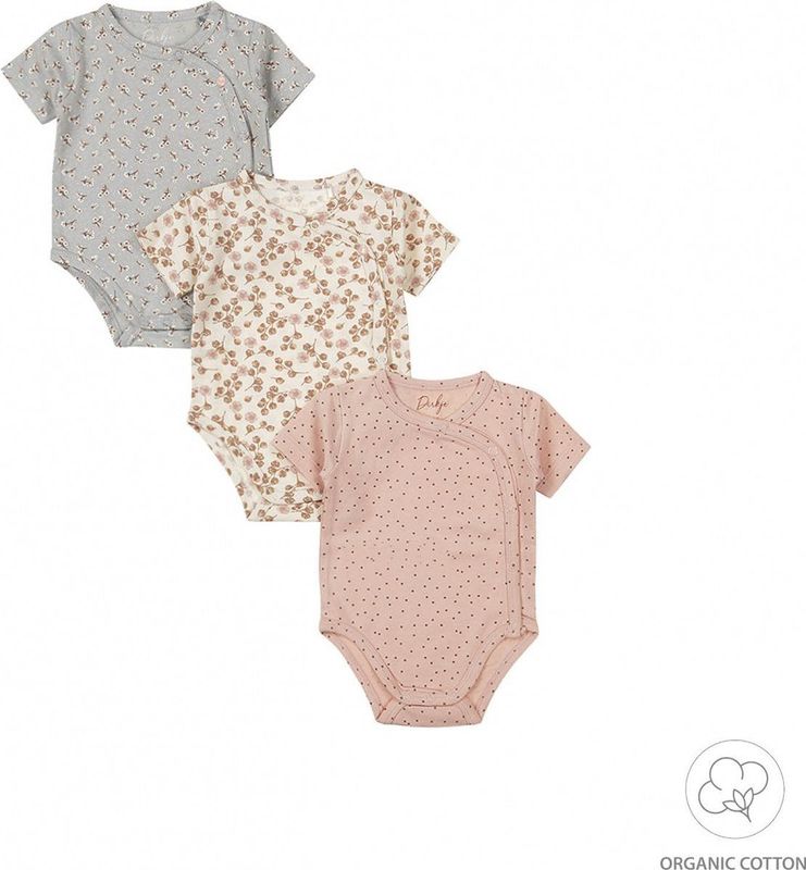 Dirkje - Korte Mouw Overslag Romper - Pink - 3 Stuks