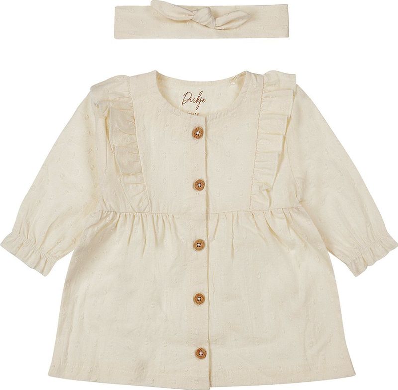 Dirkje - Ruffle Jurkje - Off White - 100% Organisch Katoen - Incl. Haarband