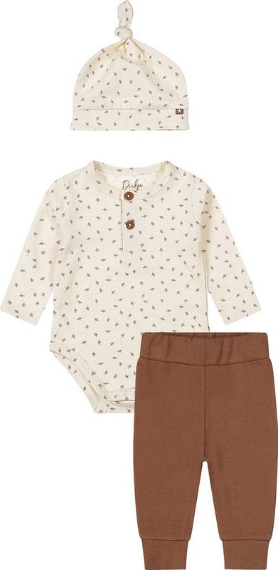 Dirkje - Bio Cotton - Kledingset - Bruin - Romper en Muts Offwhite - 3 delig